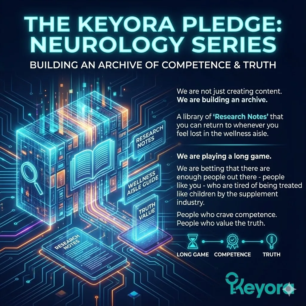 The Keyora Nutritional Neurology series archive and research notes library. Building a permanent database of verifiable health information for informed wellness consumers. Visual representation of professional competence and scientific truth over traditional supplement marketing. Conceptual image of a library offering guidance through the complexity of the wellness aisle. The Keyora Nutritional Neurology series archive and research notes library. Building a permanent database of verifiable health information for informed wellness consumers. Visual representation of professional competence and scientific truth over traditional supplement marketing. Conceptual image of a library offering guidance through the complexity of the wellness aisle.