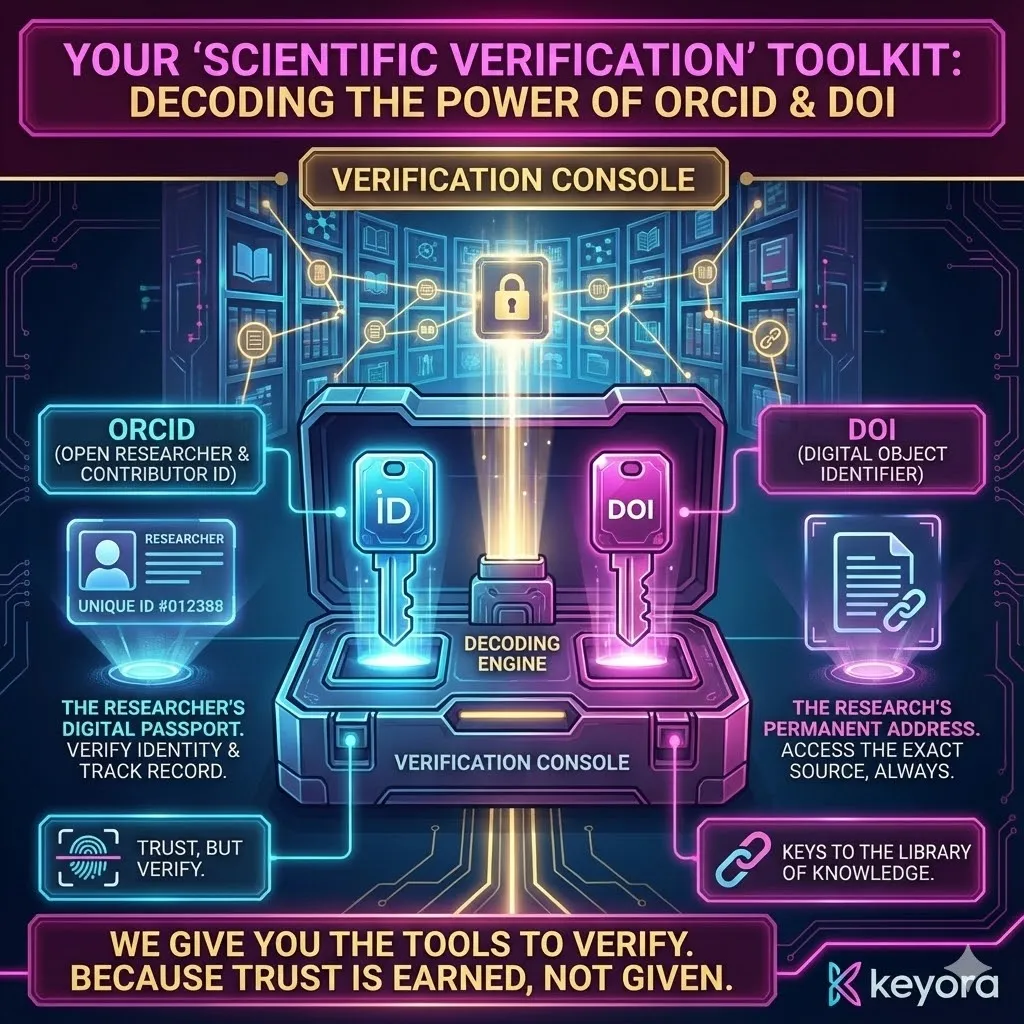 Scientific verification toolkit for decoding ORCID and DOI identifiers. Keys to the library of human knowledge within the Keyora Research Notes. Visualizing tools for scientific trust and data verification. Graphic representing the bridge between academic acronyms and consumer health transparency. Instructional imagery for using research identifiers to access verified medical studies. Scientific verification toolkit for decoding ORCID and DOI identifiers. Keys to the library of human knowledge within the Keyora Research Notes. Visualizing tools for scientific trust and data verification. Graphic representing the bridge between academic acronyms and consumer health transparency. Instructional imagery for using research identifiers to access verified medical studies.