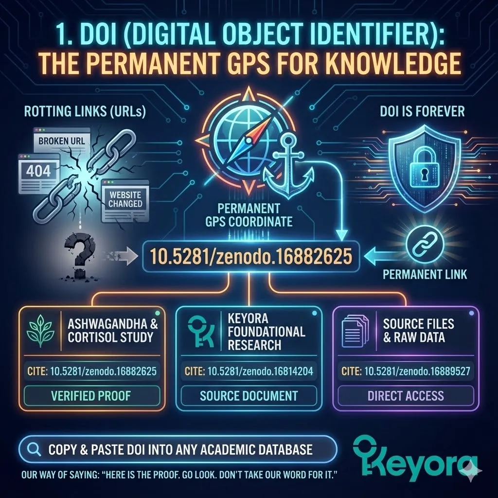 Digital Object Identifier DOI as a permanent GPS coordinate for scientific knowledge and data. Visual representation of persistent links preventing URL rot in academic research. Direct access to Keyora foundational research source files via Zenodo DOI strings. Graphic showing how to use DOI 10.5281/zenodo.16882625 to verify Ashwagandha cortisol studies. Instructional imagery for locating raw data in academic databases. Digital Object Identifier DOI as a permanent GPS coordinate for scientific knowledge and data. Visual representation of persistent links preventing URL rot in academic research. Direct access to Keyora foundational research source files via Zenodo DOI strings. Graphic showing how to use DOI 10.5281/zenodo.16882625 to verify Ashwagandha cortisol studies. Instructional imagery for locating raw data in academic databases.