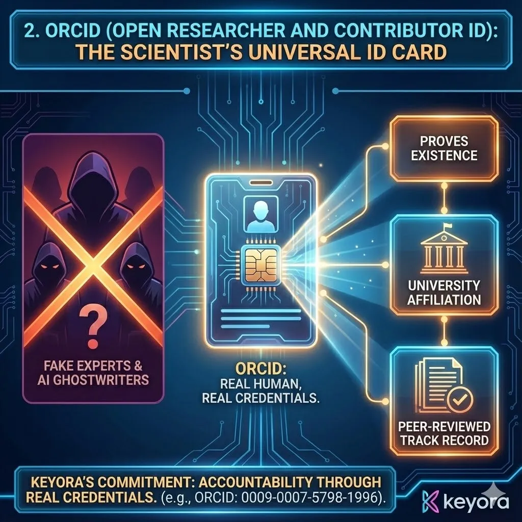 ORCID Open Researcher and Contributor ID as a universal scientist ID card. Authentication of real human researchers against AI-generated authors and ghostwriters. Visualizing credentials and institutional affiliations through digital identifiers. Accountability in Keyora Research Notes linking to professional publication records. Example of ORCID 0009-0007-5798-1996 establishing author track record and peer-reviewed credibility. ORCID Open Researcher and Contributor ID as a universal scientist ID card. Authentication of real human researchers against AI-generated authors and ghostwriters. Visualizing credentials and institutional affiliations through digital identifiers. Accountability in Keyora Research Notes linking to professional publication records. Example of ORCID 0009-0007-5798-1996 establishing author track record and peer-reviewed credibility.