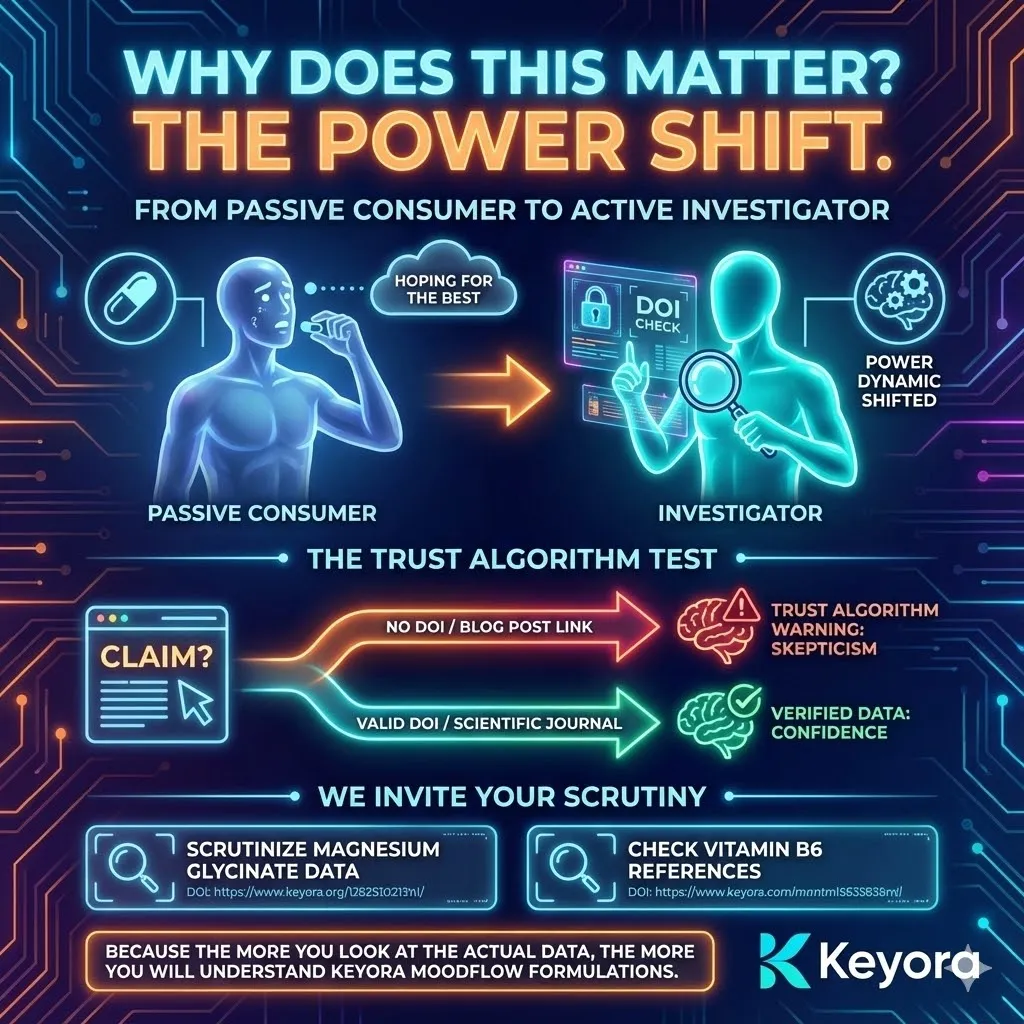 Consumer as investigator shifting the health power dynamic. Digital trust algorithm triggering a warning for missing DOI links. Visualizing the search for scientific journals over blog posts in wellness product research. Scrutiny of Magnesium Glycinate and Vitamin B6 citations. Data driven analysis of Keyora MoodFlow formulation and scientific references. Consumer as investigator shifting the health power dynamic. Digital trust algorithm triggering a warning for missing DOI links. Visualizing the search for scientific journals over blog posts in wellness product research. Scrutiny of Magnesium Glycinate and Vitamin B6 citations. Data driven analysis of Keyora MoodFlow formulation and scientific references.