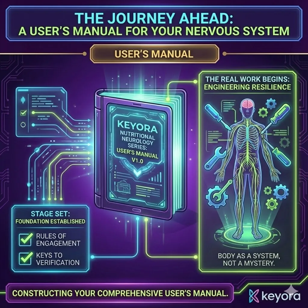 User manual for the human nervous system establishing rules of engagement for neurological health. Visualizing the construction of a comprehensive guide for systematic biological engineering. Graphic representing the nervous system as an engineerable structure built for resilience and performance. Strategic journey map for the Keyora Nutritional Neurology series and evidence-based health work. User manual for the human nervous system establishing rules of engagement for neurological health. Visualizing the construction of a comprehensive guide for systematic biological engineering. Graphic representing the nervous system as an engineerable structure built for resilience and performance. Strategic journey map for the Keyora Nutritional Neurology series and evidence-based health work.