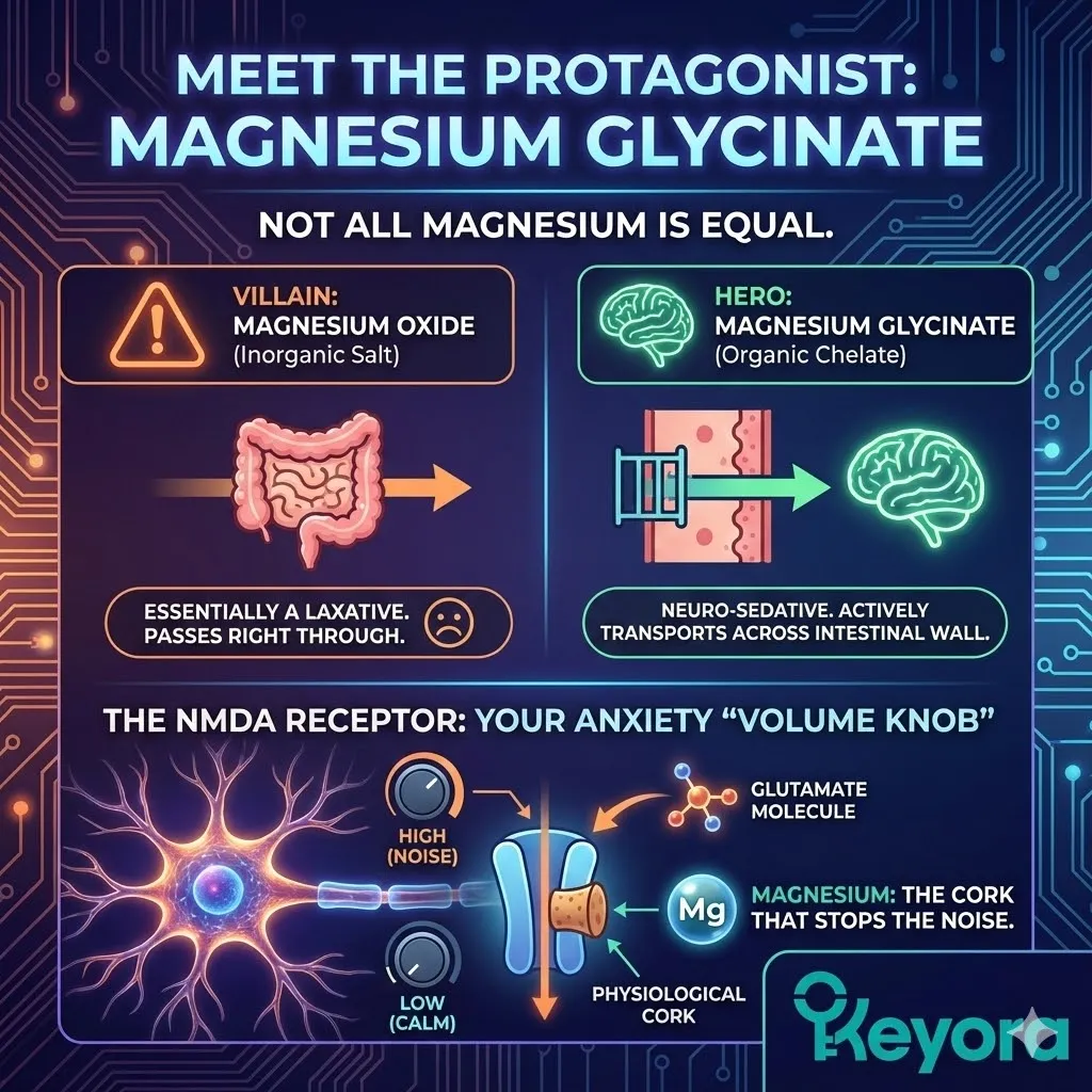 Magnesium Glycinate as the protagonist in nutritional neurology and health. Molecular comparison between inorganic salts like Magnesium Oxide and organic chelates for absorption. Visualizing Magnesium Oxide as a laxative versus Magnesium Glycinate as a neuro-sedative. Diagram of the NMDA receptor acting as an anxiety volume knob. Illustration of magnesium acting as a physiological cork to stop neurological noise and excitotoxicity. Magnesium Glycinate as the protagonist in nutritional neurology and health. Molecular comparison between inorganic salts like Magnesium Oxide and organic chelates for absorption. Visualizing Magnesium Oxide as a laxative versus Magnesium Glycinate as a neuro-sedative. Diagram of the NMDA receptor acting as an anxiety volume knob. Illustration of magnesium acting as a physiological cork to stop neurological noise and excitotoxicity.