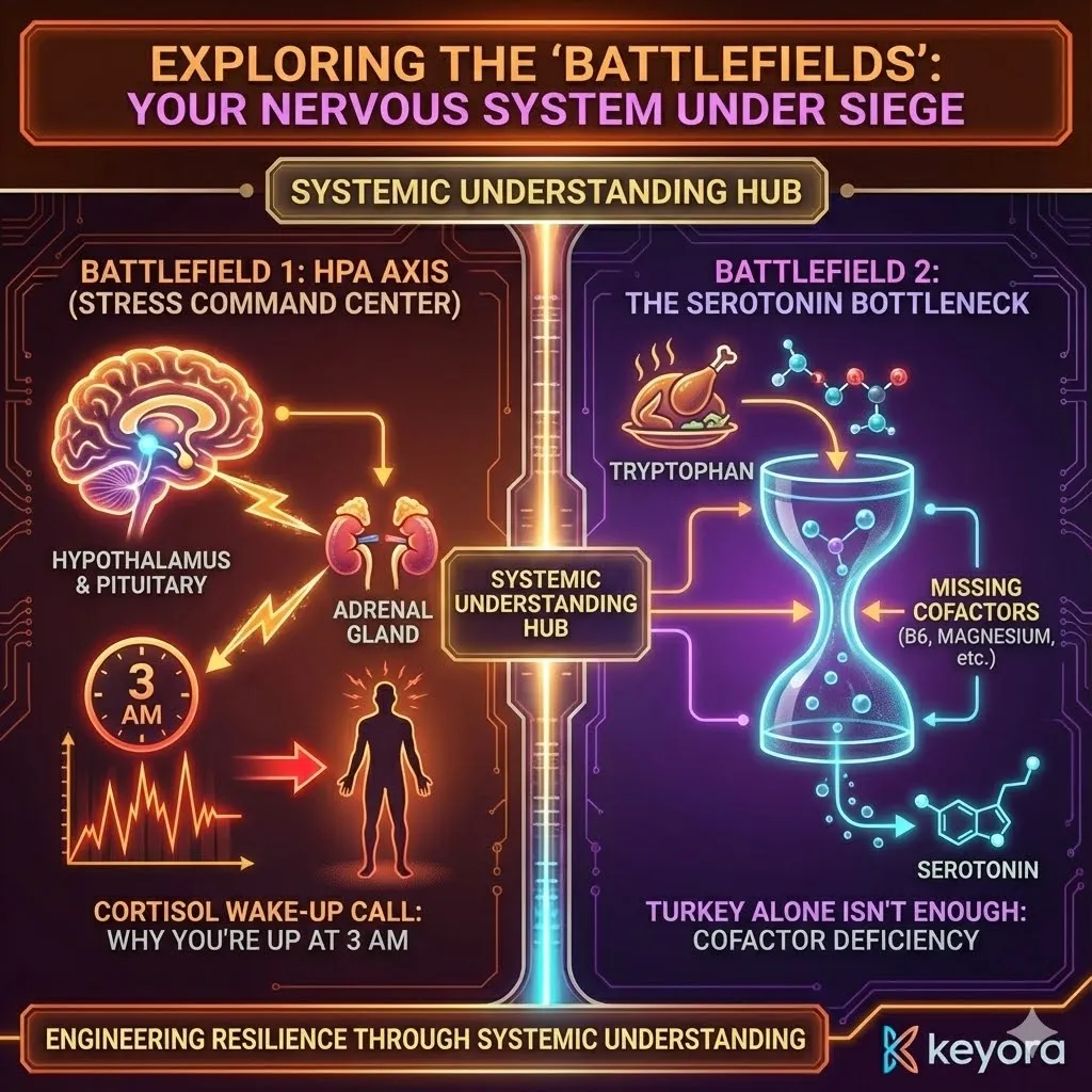 Exploration of the HPA Axis as the body stress command center. Visualizing cortisol spikes causing sleep disruption at 3 AM. Diagram of the serotonin bottleneck and the biochemical conversion process. Illustration of essential cofactors required for amino acid metabolism beyond dietary sources like turkey. Mapping biological battlefields within the human nervous system. Exploration of the HPA Axis as the body stress command center. Visualizing cortisol spikes causing sleep disruption at 3 AM. Diagram of the serotonin bottleneck and the biochemical conversion process. Illustration of essential cofactors required for amino acid metabolism beyond dietary sources like turkey. Mapping biological battlefields within the human nervous system.