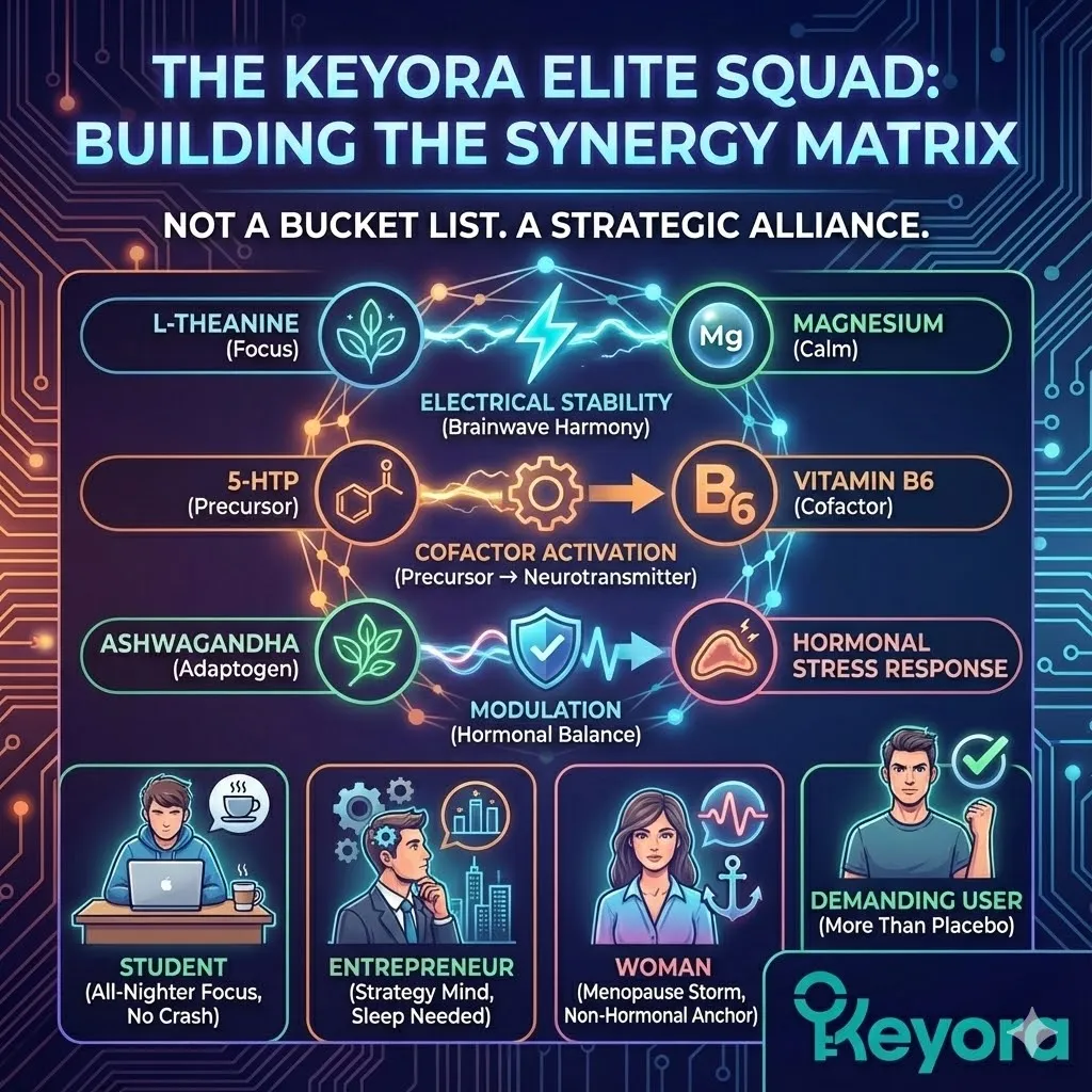 The Keyora Elite Squad nutrient matrix assembly for targeted biological synergy. Visualizing L-Theanine and Magnesium pairing for brain electrical stability. Chemical conversion of 5-HTP with Vitamin B6 cofactor to neurotransmitters. Ashwagandha modulating the stress response at the hormonal system level. Applications for students and entrepreneurs seeking focus and sleep resilience beyond the placebo effect. The Keyora Elite Squad nutrient matrix assembly for targeted biological synergy. Visualizing L-Theanine and Magnesium pairing for brain electrical stability. Chemical conversion of 5-HTP with Vitamin B6 cofactor to neurotransmitters. Ashwagandha modulating the stress response at the hormonal system level. Applications for students and entrepreneurs seeking focus and sleep resilience beyond the placebo effect.