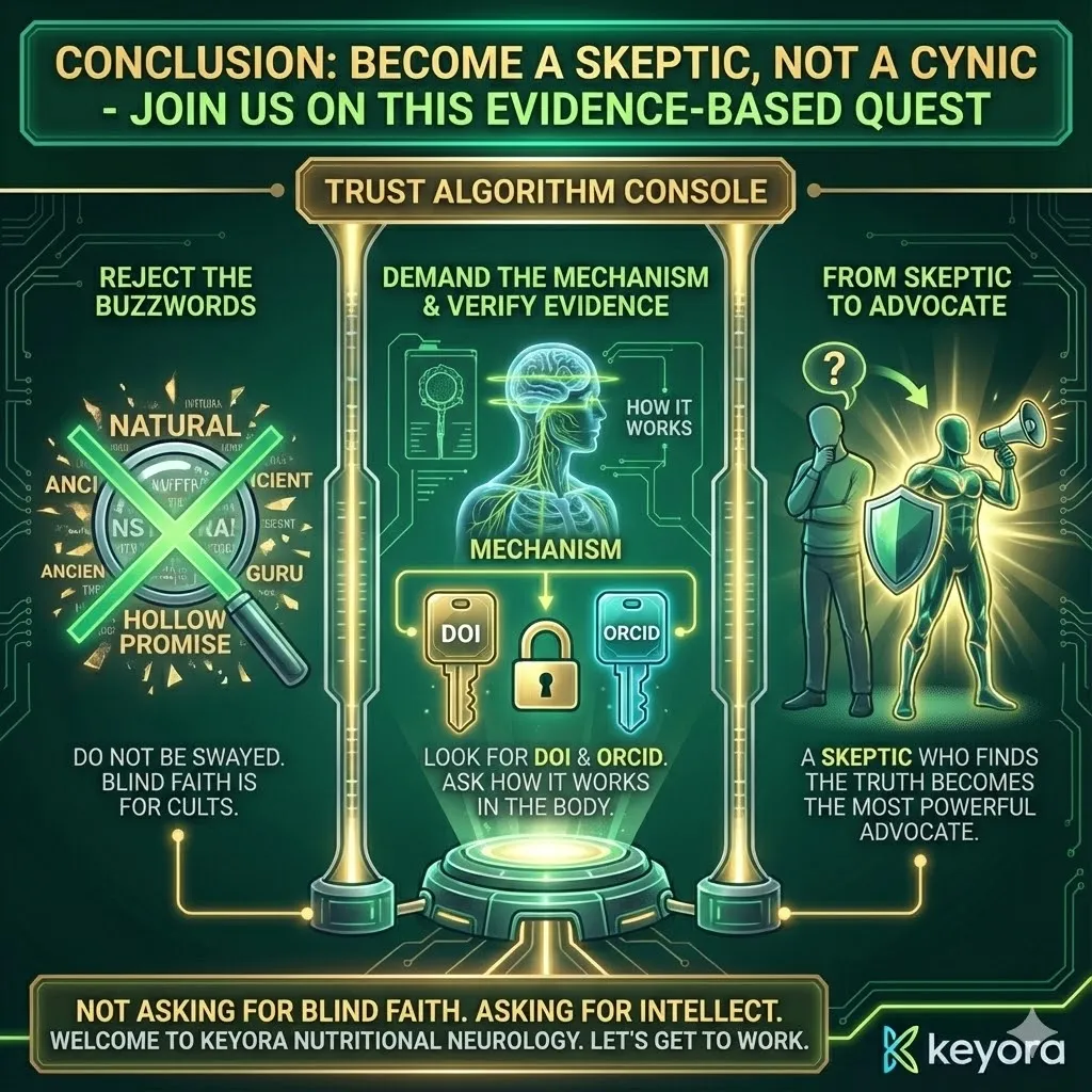 The trust algorithm for evidence-based wellness and neurological health. Visualizing the transition from late-night confusion to grounded scientific understanding. Graphic icon for rejecting buzzwords like natural and ancient in favor of mechanics. Symbols of DOI and ORCID representing the verification of scientific evidence. A call to intellectual engagement and learning within the Keyora community. Illustration of a skeptic finding truth through data and biological law. The trust algorithm for evidence-based wellness and neurological health. Visualizing the transition from late-night confusion to grounded scientific understanding. Graphic icon for rejecting buzzwords like natural and ancient in favor of mechanics. Symbols of DOI and ORCID representing the verification of scientific evidence. A call to intellectual engagement and learning within the Keyora community. Illustration of a skeptic finding truth through data and biological law.