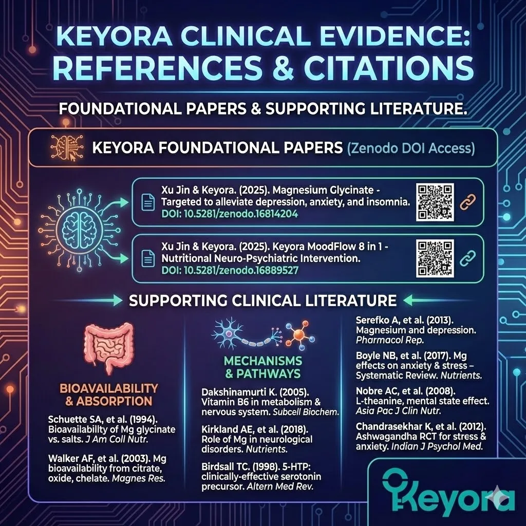 References and clinical citations list for Keyora foundational research papers. Digital Object Identifiers DOI linked to Zenodo for academic verification. Scientific literature on magnesium glycinate bioavailability and neurotransmitter metabolism. Studies including Schuette 1994 and Chandrasekhar 2012 regarding serum cortisol and anxiety reduction. A collection of peer-reviewed data supporting nutritional neuro-psychiatric intervention and cognitive resilience. References and clinical citations list for Keyora foundational research papers. Digital Object Identifiers DOI linked to Zenodo for academic verification. Scientific literature on magnesium glycinate bioavailability and neurotransmitter metabolism. Studies including Schuette 1994 and Chandrasekhar 2012 regarding serum cortisol and anxiety reduction. A collection of peer-reviewed data supporting nutritional neuro-psychiatric intervention and cognitive resilience.