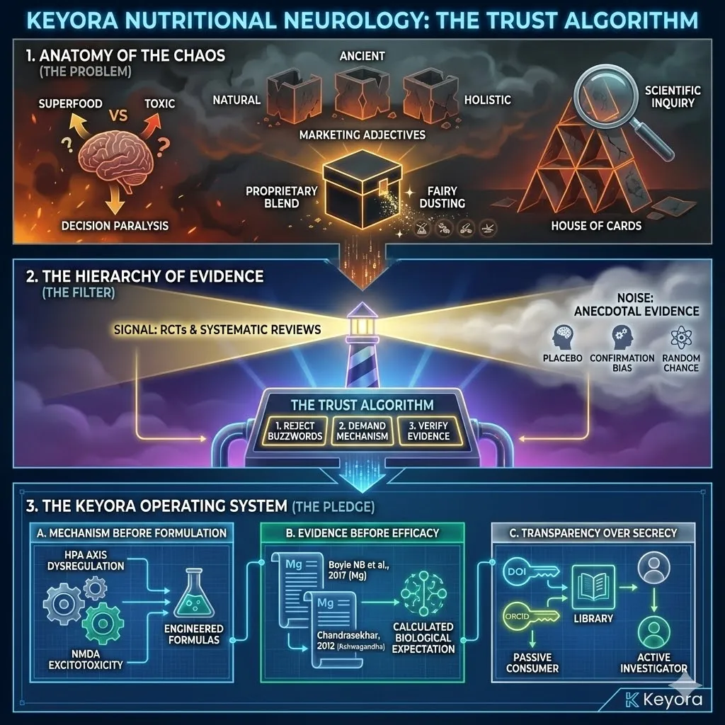 The Trust Algorithm framework for Keyora Nutritional Neurology. Visualizing the anatomy of chaos including decision paralysis and proprietary blend black boxes. Hierarchy of evidence pyramid showing anecdotes versus randomized controlled trials. Keyora operating system pledge mapping physiological failure points like NMDA excitotoxicity. Transformation from passive consumer to active investigator using DOI and ORCID verification tools. The Trust Algorithm framework for Keyora Nutritional Neurology. Visualizing the anatomy of chaos including decision paralysis and proprietary blend black boxes. Hierarchy of evidence pyramid showing anecdotes versus randomized controlled trials. Keyora operating system pledge mapping physiological failure points like NMDA excitotoxicity. Transformation from passive consumer to active investigator using DOI and ORCID verification tools.