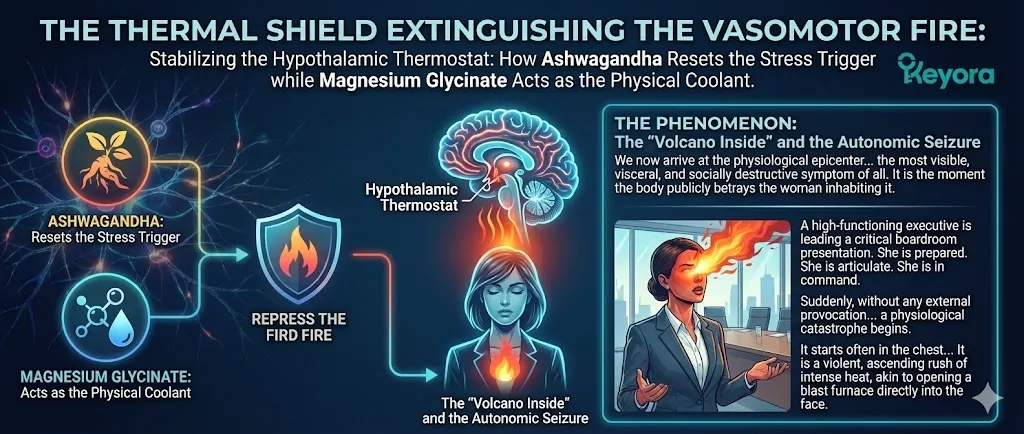 A physiological diagram titled "The Phenomenon: The Autonomic Seizure" illustrating the onset of a hot flash. The visual depicts the "Volcano Inside" effect, starting as a "violent, ascending rush of intense heat" from the chest and base of the neck. It highlights the disconnect between the external environment (stable room temperature) and the internal "physiological catastrophe." The graphic shows the sudden activation of the sympathetic nervous system, characterized as an "autonomic seizure." Arrows illustrate the rapid upward surge of heat toward the face, representing the loss of hypothalamic temperature control. A physiological diagram titled "The Phenomenon: The Autonomic Seizure" illustrating the onset of a hot flash. The visual depicts the "Volcano Inside" effect, starting as a "violent, ascending rush of intense heat" from the chest and base of the neck. It highlights the disconnect between the external environment (stable room temperature) and the internal "physiological catastrophe." The graphic shows the sudden activation of the sympathetic nervous system, characterized as an "autonomic seizure." Arrows illustrate the rapid upward surge of heat toward the face, representing the loss of hypothalamic temperature control.