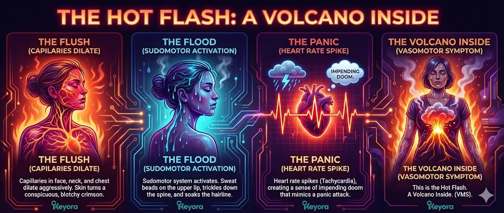 A physiological diagram titled "The 'Dump Heat' Protocol" illustrating the autonomic system's survival response. The visual depicts the "Flush": aggressive capillary dilation in the face, neck, and chest resulting in blotchy crimson skin. The "Flood" is shown as the sudomotor system activating, with sweat beads forming on the upper lip and trickles down the spine. The "Panic" phase highlights a heart rate spike (Tachycardia) and a sense of impending doom. The graphic emphasizes the contrast between the air-conditioned office environment and the body's internal "Sahara Desert" survival reaction. The final panel illustrates the psychological toll of maintaining professional composure during a "Vasomotor Symptom" (VMS). A physiological diagram titled "The 'Dump Heat' Protocol" illustrating the autonomic system's survival response. The visual depicts the "Flush": aggressive capillary dilation in the face, neck, and chest resulting in blotchy crimson skin. The "Flood" is shown as the sudomotor system activating, with sweat beads forming on the upper lip and trickles down the spine. The "Panic" phase highlights a heart rate spike (Tachycardia) and a sense of impending doom. The graphic emphasizes the contrast between the air-conditioned office environment and the body's internal "Sahara Desert" survival reaction. The final panel illustrates the psychological toll of maintaining professional composure during a "Vasomotor Symptom" (VMS).
