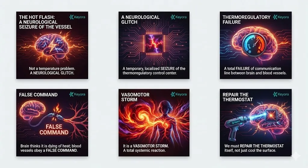 A conceptual diagram titled "A Neurological Seizure of the Vessel" depicting the brain-body communication failure. The visual illustrates a "Neurological Glitch" within the Hypothalamus, the brain's thermoregulatory control center. It shows a broken communication line between the brain and the peripheral blood vessels. The brain is depicted sending a "False Command" or "Emergency Heat" signal, falsely believing the body is overheating. The blood vessels are shown reacting to this "Vasomotor Storm" with sudden dilation. The final panel emphasizes the shift from superficial solutions (fans/ice) to a internal "Thermostat Repair." A conceptual diagram titled "A Neurological Seizure of the Vessel" depicting the brain-body communication failure. The visual illustrates a "Neurological Glitch" within the Hypothalamus, the brain's thermoregulatory control center. It shows a broken communication line between the brain and the peripheral blood vessels. The brain is depicted sending a "False Command" or "Emergency Heat" signal, falsely believing the body is overheating. The blood vessels are shown reacting to this "Vasomotor Storm" with sudden dilation. The final panel emphasizes the shift from superficial solutions (fans/ice) to a internal "Thermostat Repair."