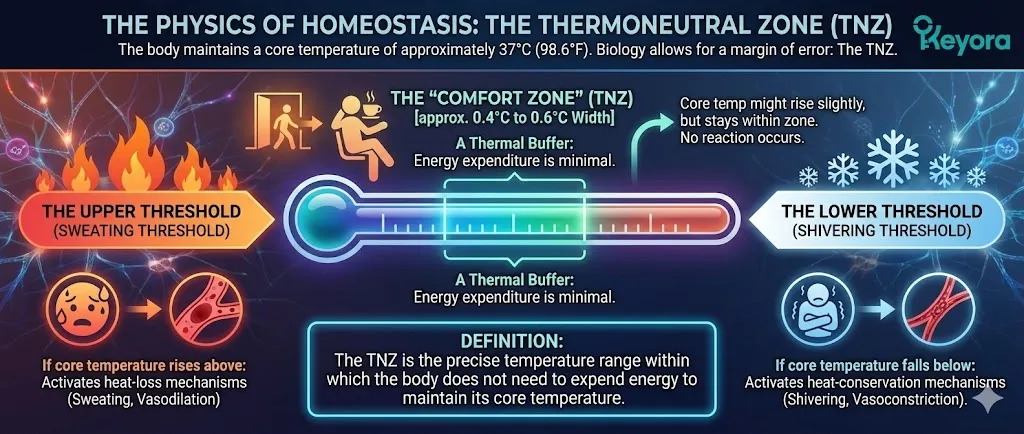 The Physics of Homeostasis: Diagram of the Thermoneutral Zone (TNZ) in a healthy pre-menopausal woman. The illustration shows a wide Thermal Buffer between the Upper Sweating Threshold and the Lower Shivering Threshold. Maintaining a core temperature of 37°C without expending metabolic energy through vasodilation or vasoconstriction. Visualizing the 0.4°C to 0.6°C margin of error that prevents immediate thermal reactions. The Physics of Homeostasis: Diagram of the Thermoneutral Zone (TNZ) in a healthy pre-menopausal woman. The illustration shows a wide Thermal Buffer between the Upper Sweating Threshold and the Lower Shivering Threshold. Maintaining a core temperature of 37°C without expending metabolic energy through vasodilation or vasoconstriction. Visualizing the 0.4°C to 0.6°C margin of error that prevents immediate thermal reactions.