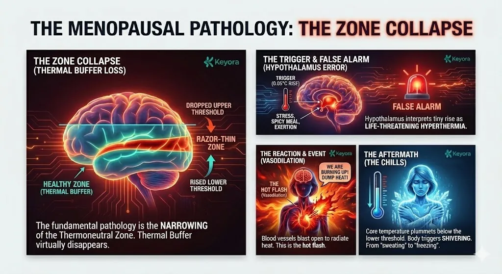 Menopausal pathology: The narrowing and collapse of the Thermoneutral Zone (TNZ). The diagram illustrates the disappearing "Thermal Buffer" where the Upper Threshold drops and the Lower Threshold rises. A microscopic 0.05°C rise in core temperature triggers the Hypothalamus to activate vasodilation, leading to a hot flash. The subsequent rapid heat loss causes core temperature to plummet, crossing the lower threshold and inducing shivering. Menopausal pathology: The narrowing and collapse of the Thermoneutral Zone (TNZ). The diagram illustrates the disappearing "Thermal Buffer" where the Upper Threshold drops and the Lower Threshold rises. A microscopic 0.05°C rise in core temperature triggers the Hypothalamus to activate vasodilation, leading to a hot flash. The subsequent rapid heat loss causes core temperature to plummet, crossing the lower threshold and inducing shivering.