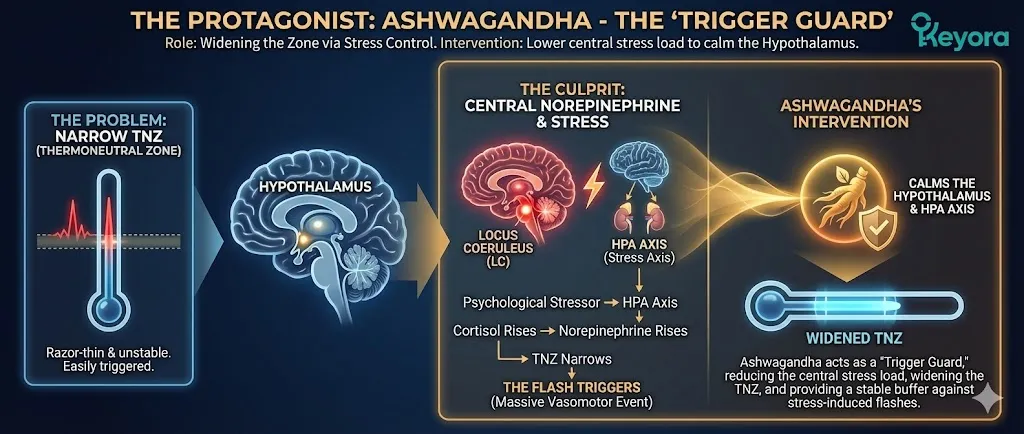 Ashwagandha as a "Trigger Guard" for the menopausal thermoneutral zone. The diagram illustrates the connection between the Locus Coeruleus (LC) and the HPA Axis (Stress Axis). Showing how psychological stressors increase Cortisol and Norepinephrine levels, further narrowing the TNZ. Visualizing Ashwagandha's role in widening the zone by calming the Hypothalamus and reducing the central stress load. Ashwagandha as a "Trigger Guard" for the menopausal thermoneutral zone. The diagram illustrates the connection between the Locus Coeruleus (LC) and the HPA Axis (Stress Axis). Showing how psychological stressors increase Cortisol and Norepinephrine levels, further narrowing the TNZ. Visualizing Ashwagandha's role in widening the zone by calming the Hypothalamus and reducing the central stress load.