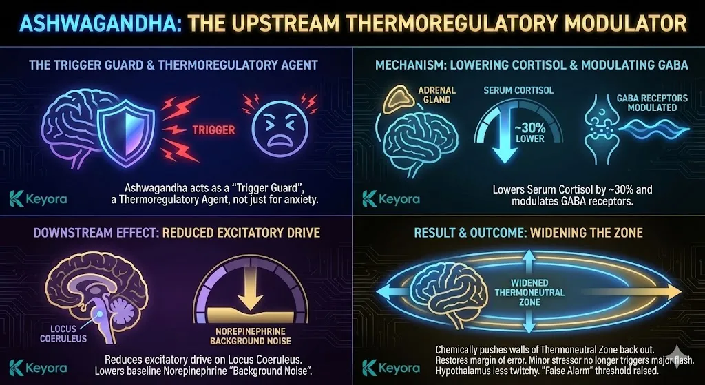 Ashwagandha acting as an upstream modulator for menopausal thermoregulation. The diagram shows how Ashwagandha lowers Serum Cortisol by approximately 30% and modulates GABA receptors in the brain. Visualizing the reduction of excitatory drive on the Locus Coeruleus, which lowers background Norepinephrine noise. The result shows the walls of the Thermoneutral Zone being pushed back out, restoring the biological margin of error and raising the threshold for false alarms. Ashwagandha acting as an upstream modulator for menopausal thermoregulation. The diagram shows how Ashwagandha lowers Serum Cortisol by approximately 30% and modulates GABA receptors in the brain. Visualizing the reduction of excitatory drive on the Locus Coeruleus, which lowers background Norepinephrine noise. The result shows the walls of the Thermoneutral Zone being pushed back out, restoring the biological margin of error and raising the threshold for false alarms.