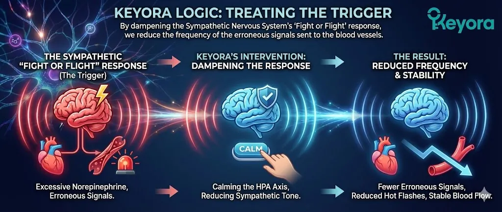 The Keyora Protocol logic for menopause: Targeting the root cause by treating the Trigger. Dampening the Sympathetic Nervous System and its "Fight or Flight" response. The illustration shows the reduction of erroneous signals sent to the blood vessels. Visualizing how calming the nervous system lowers the frequency of vasomotor events by stabilizing the central stress response instead of just treating surface symptoms. The Keyora Protocol logic for menopause: Targeting the root cause by treating the Trigger. Dampening the Sympathetic Nervous System and its "Fight or Flight" response. The illustration shows the reduction of erroneous signals sent to the blood vessels. Visualizing how calming the nervous system lowers the frequency of vasomotor events by stabilizing the central stress response instead of just treating surface symptoms.