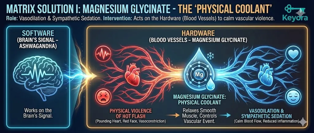 Matrix Solution I: Magnesium Glycinate as a "Physical Coolant." Visualizing the intervention on biological "Hardware" specifically the vascular system and blood vessels. The diagram shows Magnesium's role in regulating smooth muscle contraction and dilation. Illustrating the control of physical symptoms such as heart pounding and facial flushing. Showing the dual action of Vasodilation and Sympathetic Sedation to mitigate the intensity of vasomotor events. Matrix Solution I: Magnesium Glycinate as a "Physical Coolant." Visualizing the intervention on biological "Hardware" specifically the vascular system and blood vessels. The diagram shows Magnesium's role in regulating smooth muscle contraction and dilation. Illustrating the control of physical symptoms such as heart pounding and facial flushing. Showing the dual action of Vasodilation and Sympathetic Sedation to mitigate the intensity of vasomotor events.