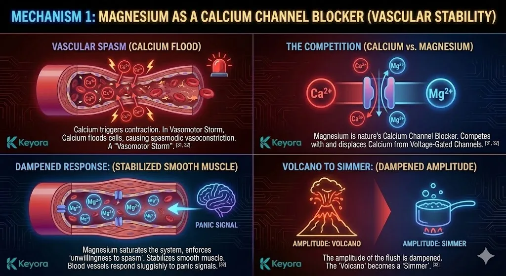 The mechanism of Magnesium as a natural Calcium Channel Blocker (Ca2+). Visualizing the competition between Magnesium and Calcium ions for entry into voltage-gated channels. Showing how Magnesium displaces Calcium to stabilize vascular smooth muscle. Illustrating the prevention of spasms in blood vessel diameter during a vasomotor storm. Reducing the amplitude of hot flashes by enforcing vascular stability. The mechanism of Magnesium as a natural Calcium Channel Blocker (Ca2+). Visualizing the competition between Magnesium and Calcium ions for entry into voltage-gated channels. Showing how Magnesium displaces Calcium to stabilize vascular smooth muscle. Illustrating the prevention of spasms in blood vessel diameter during a vasomotor storm. Reducing the amplitude of hot flashes by enforcing vascular stability.