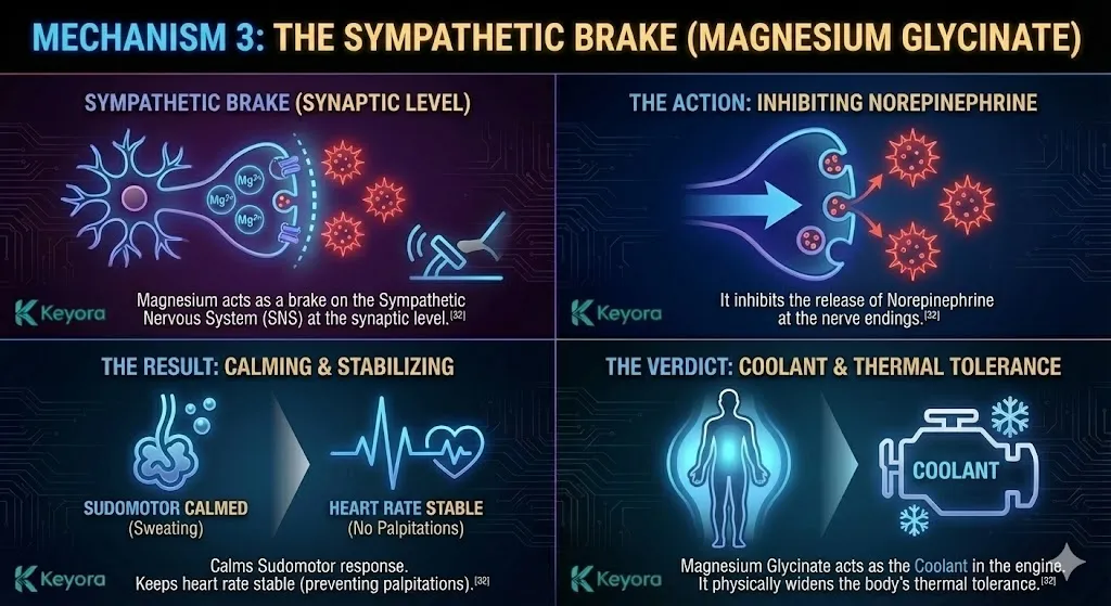 The mechanism of Magnesium Glycinate acting as a Sympathetic Brake. Visualizing the inhibition of Norepinephrine release at nerve endings. Illustrating the stabilization of the Sudomotor response and heart rate. Showing how Magnesium prevents palpitations and excessive sweating by calming the Sympathetic Nervous System. Physically widening the body's thermal tolerance to act as a vascular coolant. The mechanism of Magnesium Glycinate acting as a Sympathetic Brake. Visualizing the inhibition of Norepinephrine release at nerve endings. Illustrating the stabilization of the Sudomotor response and heart rate. Showing how Magnesium prevents palpitations and excessive sweating by calming the Sympathetic Nervous System. Physically widening the body's thermal tolerance to act as a vascular coolant.