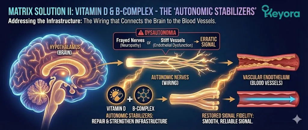The mechanism of Vitamin D and B-Complex as autonomic stabilizers for the nervous system. Visualizing the infrastructure of neural wiring connecting the Hypothalamus to blood vessels. Illustrating the signal path from autonomic nerves to the vascular endothelium. Addressing dysautonomia by repairing frayed nerves and endothelial dysfunction. Ensuring stable signal transmission to prevent erratic vasomotor reactions. The mechanism of Vitamin D and B-Complex as autonomic stabilizers for the nervous system. Visualizing the infrastructure of neural wiring connecting the Hypothalamus to blood vessels. Illustrating the signal path from autonomic nerves to the vascular endothelium. Addressing dysautonomia by repairing frayed nerves and endothelial dysfunction. Ensuring stable signal transmission to prevent erratic vasomotor reactions.