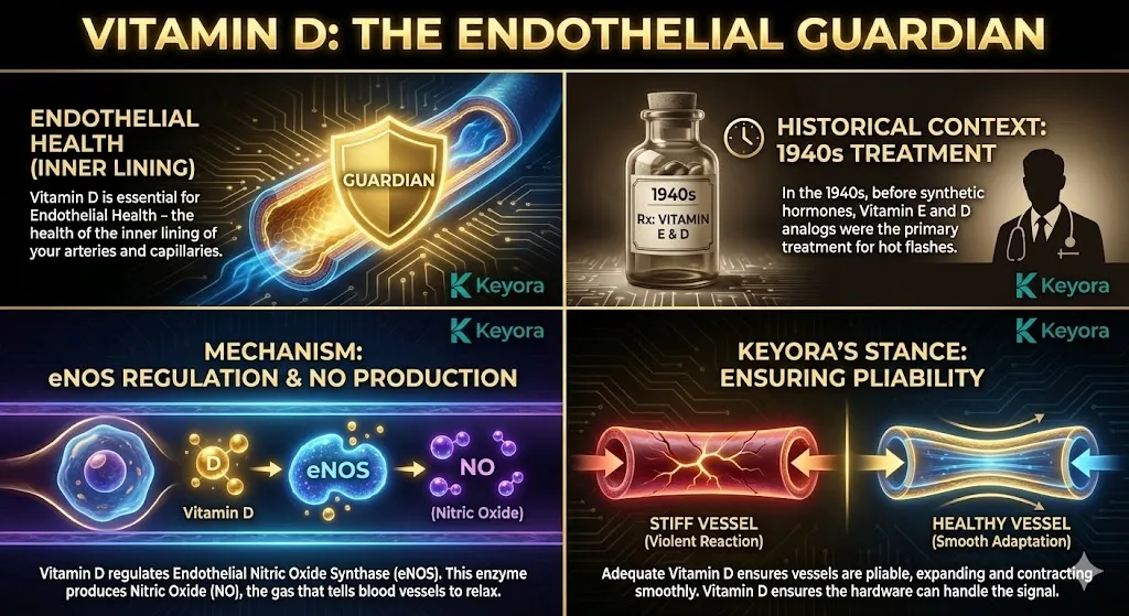 The role of Vitamin D as an endothelial guardian for vascular health. Visualizing the inner lining of arteries and capillaries. Illustrating the regulation of Endothelial Nitric Oxide Synthase (eNOS). Showing how Nitric Oxide (NO) production allows blood vessels to relax and stay pliable. Ensuring vascular hardware adapts smoothly to pressure changes without violent reactions. The role of Vitamin D as an endothelial guardian for vascular health. Visualizing the inner lining of arteries and capillaries. Illustrating the regulation of Endothelial Nitric Oxide Synthase (eNOS). Showing how Nitric Oxide (NO) production allows blood vessels to relax and stay pliable. Ensuring vascular hardware adapts smoothly to pressure changes without violent reactions.