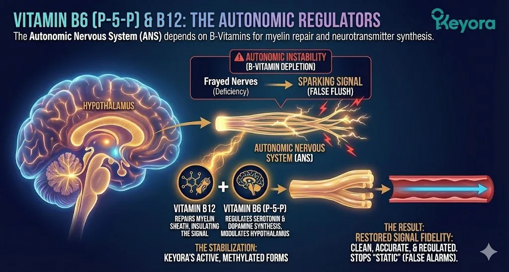 The role of Vitamin B6 and B12 as autonomic regulators in the nervous system. Visualizing the repair of the Myelin Sheath by Methylcobalamin to insulate neural signals. Illustrating the synthesis of Serotonin and Dopamine via P-5-P (active B6). Showing the prevention of autonomic instability and electrical "static" in nerve signaling. Ensuring clean and accurate communication between the brain and the skin to stop false vasomotor alarms. The role of Vitamin B6 and B12 as autonomic regulators in the nervous system. Visualizing the repair of the Myelin Sheath by Methylcobalamin to insulate neural signals. Illustrating the synthesis of Serotonin and Dopamine via P-5-P (active B6). Showing the prevention of autonomic instability and electrical "static" in nerve signaling. Ensuring clean and accurate communication between the brain and the skin to stop false vasomotor alarms.