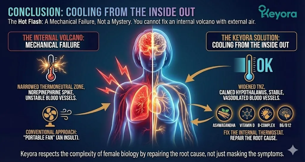 The conclusion of internal thermoregulation repairing the narrowed thermoneutral zone. Visualizing the mechanical failure caused by a norepinephrine spike acting upon unstable blood vessels. Illustrating the transition from external cooling attempts to fixing the internal biological thermostat. Focusing on the complex restoration of female biology through internal cooling mechanisms. The conclusion of internal thermoregulation repairing the narrowed thermoneutral zone. Visualizing the mechanical failure caused by a norepinephrine spike acting upon unstable blood vessels. Illustrating the transition from external cooling attempts to fixing the internal biological thermostat. Focusing on the complex restoration of female biology through internal cooling mechanisms.