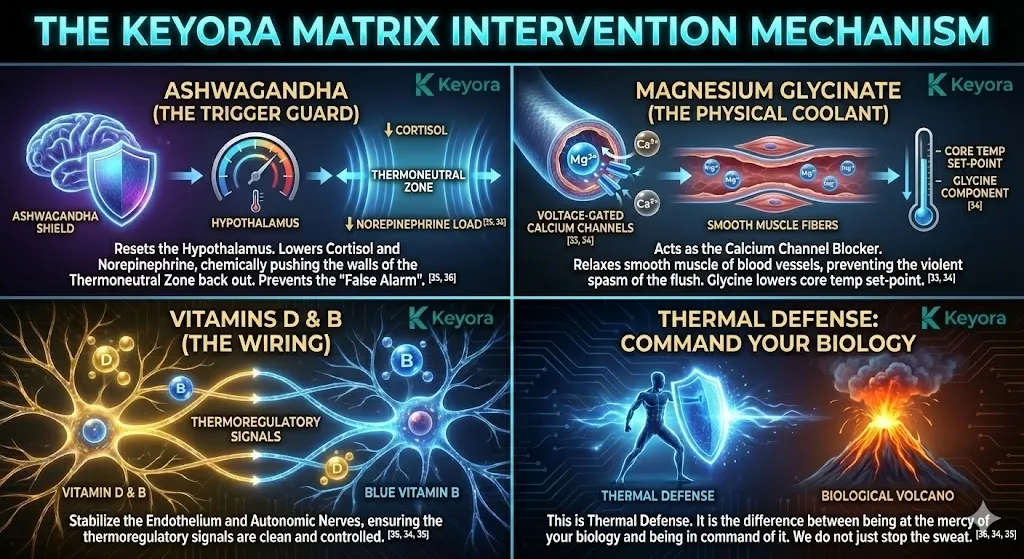 The Keyora Matrix Intervention Mechanism for non-hormonal thermal defense. Visualizing Ashwagandha as the Trigger Guard to reset the Hypothalamus and widen the TNZ. Showing Magnesium Glycinate as the Physical Coolant acting as a Calcium Channel Blocker to relax vessels. Illustrating Vitamin D and B-Complex as the wiring that stabilizes nerves and endothelium. Achieving total command over biology by ensuring clean and controlled thermoregulatory signals. The Keyora Matrix Intervention Mechanism for non-hormonal thermal defense. Visualizing Ashwagandha as the Trigger Guard to reset the Hypothalamus and widen the TNZ. Showing Magnesium Glycinate as the Physical Coolant acting as a Calcium Channel Blocker to relax vessels. Illustrating Vitamin D and B-Complex as the wiring that stabilizes nerves and endothelium. Achieving total command over biology by ensuring clean and controlled thermoregulatory signals.