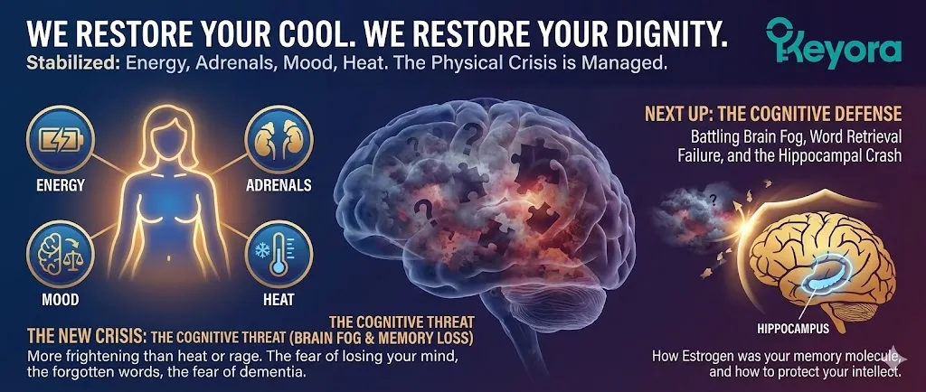 The transition from physical thermoregulation to cognitive health and brain function. Visualizing the resolution of symptoms including energy, adrenals, mood, and heat. Introducing the upcoming focus on menopausal brain fog and word retrieval failure. Addressing the hippocampal crash and the role of estrogen as a memory molecule. Transitioning to the cognitive defense strategy to protect intellect during the menopausal shift. The transition from physical thermoregulation to cognitive health and brain function. Visualizing the resolution of symptoms including energy, adrenals, mood, and heat. Introducing the upcoming focus on menopausal brain fog and word retrieval failure. Addressing the hippocampal crash and the role of estrogen as a memory molecule. Transitioning to the cognitive defense strategy to protect intellect during the menopausal shift.