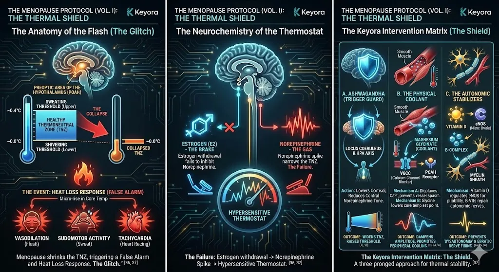 The comprehensive architecture of The Menopause Protocol and The Thermal Shield. Visualizing the anatomy of the hot flash within the Preoptic Area of the Hypothalamus (POAH). Diagram showing the collapse of the Thermoneutral Zone (TNZ) and the narrowing of the thermal buffer. Mapping the Keyora Intervention Matrix including Ashwagandha, Magnesium Glycinate, and Autonomic Stabilizers like Vitamin D and B-Complex. Illustrating the transition from Norepinephrine dominance to a stabilized and widened thermal threshold. The comprehensive architecture of The Menopause Protocol and The Thermal Shield. Visualizing the anatomy of the hot flash within the Preoptic Area of the Hypothalamus (POAH). Diagram showing the collapse of the Thermoneutral Zone (TNZ) and the narrowing of the thermal buffer. Mapping the Keyora Intervention Matrix including Ashwagandha, Magnesium Glycinate, and Autonomic Stabilizers like Vitamin D and B-Complex. Illustrating the transition from Norepinephrine dominance to a stabilized and widened thermal threshold.