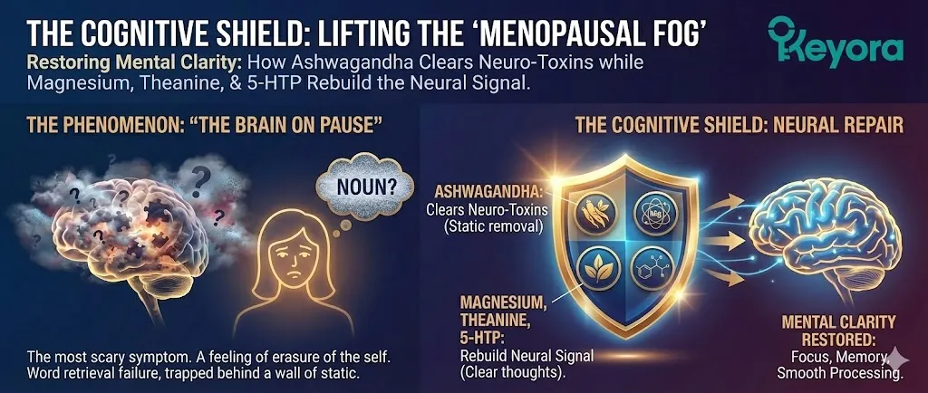 The visual representation of menopausal brain fog and the phenomenon of word retrieval failure. Illustrating the cognitive shield strategy designed to lift the mental fog. Visualizing the internal wall of static blocking neural signals and noun recall. Showing the erasure of the self experienced by high-functioning women during the menopausal transition. Introducing the rebuild of neural signals through Magnesium, Theanine, and 5-HTP. The visual representation of menopausal brain fog and the phenomenon of word retrieval failure. Illustrating the cognitive shield strategy designed to lift the mental fog. Visualizing the internal wall of static blocking neural signals and noun recall. Showing the erasure of the self experienced by high-functioning women during the menopausal transition. Introducing the rebuild of neural signals through Magnesium, Theanine, and 5-HTP.