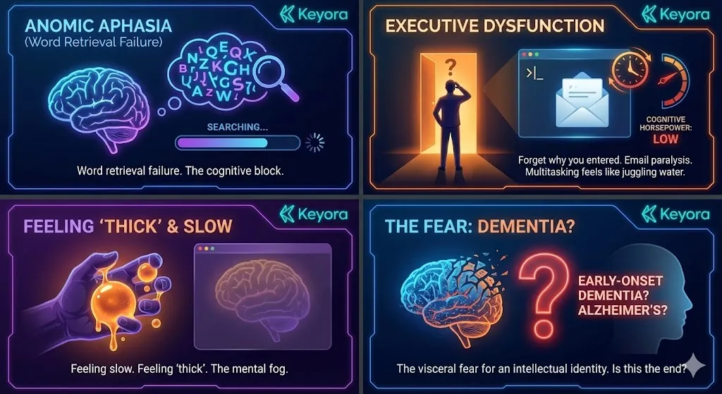 The cognitive experience of Anomic Aphasia and executive dysfunction during menopause. Visualizing the frustration of word retrieval failure and memory gaps. Illustrating the loss of multitasking abilities and the feeling of cognitive slowness. Depicting the visceral fear of early-onset dementia or Alzheimer's linked to severe brain fog. Mapping the psychological impact on a woman's intellectual identity and mental sharpness. The cognitive experience of Anomic Aphasia and executive dysfunction during menopause. Visualizing the frustration of word retrieval failure and memory gaps. Illustrating the loss of multitasking abilities and the feeling of cognitive slowness. Depicting the visceral fear of early-onset dementia or Alzheimer's linked to severe brain fog. Mapping the psychological impact on a woman's intellectual identity and mental sharpness.