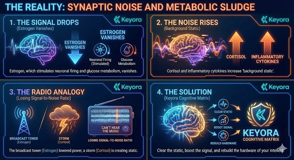 The visual concept of Synaptic Noise and the drop in the brain's Signal-to-Noise Ratio. Illustrating the electrical machine of the brain suffering from lowered Estrogen power. Showing the increase of background static caused by Cortisol and inflammatory cytokines. A metaphor of a radio station losing its broadcast signal during a storm. Mapping the Keyora Cognitive Matrix designed to clear metabolic sludge and boost the intellectual signal. The visual concept of Synaptic Noise and the drop in the brain's Signal-to-Noise Ratio. Illustrating the electrical machine of the brain suffering from lowered Estrogen power. Showing the increase of background static caused by Cortisol and inflammatory cytokines. A metaphor of a radio station losing its broadcast signal during a storm. Mapping the Keyora Cognitive Matrix designed to clear metabolic sludge and boost the intellectual signal.