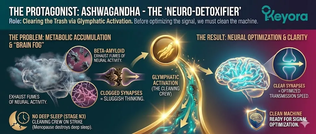 The role of Ashwagandha as a "Neuro-Detoxifier" for the brain. Visualizing the accumulation of metabolic waste products like Beta-Amyloid and Tau Proteins. Illustrating how neural "exhaust fumes" clog synapses and slow down thinking. Showing the activation of the Glymphatic system during Deep Sleep (Stage N3). Mapping the restoration of the brain's cleaning crew to clear synaptic trash. The role of Ashwagandha as a "Neuro-Detoxifier" for the brain. Visualizing the accumulation of metabolic waste products like Beta-Amyloid and Tau Proteins. Illustrating how neural "exhaust fumes" clog synapses and slow down thinking. Showing the activation of the Glymphatic system during Deep Sleep (Stage N3). Mapping the restoration of the brain's cleaning crew to clear synaptic trash.