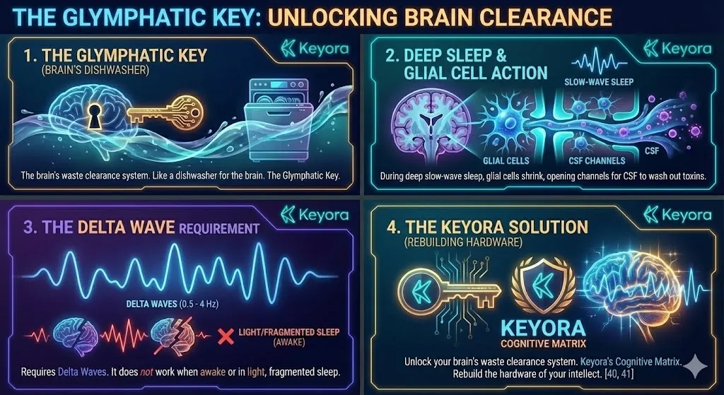 The mechanism of the Glymphatic System acting as the brain's waste clearance system. Visualizing glial cells shrinking during deep slow-wave sleep to open drainage channels. Illustrating the flow of cerebrospinal fluid (CSF) flushing out metabolic toxins from the neural tissue. Showing the specific requirement of Delta Waves (0.5 - 4 Hz) for effective neuro-architecture cleaning. Depicting the failure of the system during wakefulness or fragmented light sleep. The mechanism of the Glymphatic System acting as the brain's waste clearance system. Visualizing glial cells shrinking during deep slow-wave sleep to open drainage channels. Illustrating the flow of cerebrospinal fluid (CSF) flushing out metabolic toxins from the neural tissue. Showing the specific requirement of Delta Waves (0.5 - 4 Hz) for effective neuro-architecture cleaning. Depicting the failure of the system during wakefulness or fragmented light sleep.