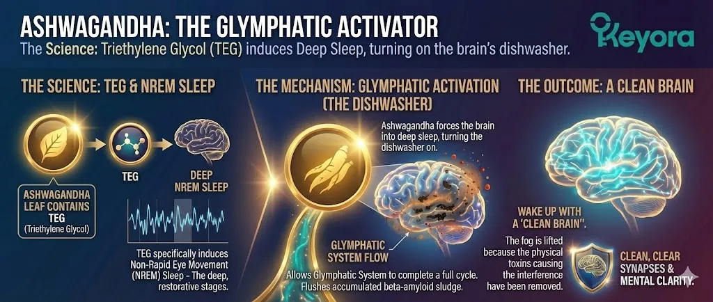 The role of Ashwagandha as a Glymphatic Activator for brain health. Visualizing the compound Triethylene Glycol (TEG) found in Ashwagandha leaves. Illustrating the induction of Non-Rapid Eye Movement (NREM) deep sleep. Showing the activation of the Glymphatic "dishwasher" cycle to flush Beta-Amyloid sludge. Depicting the transition from a clogged brain to a clean, fog-free cognitive state upon waking. The role of Ashwagandha as a Glymphatic Activator for brain health. Visualizing the compound Triethylene Glycol (TEG) found in Ashwagandha leaves. Illustrating the induction of Non-Rapid Eye Movement (NREM) deep sleep. Showing the activation of the Glymphatic "dishwasher" cycle to flush Beta-Amyloid sludge. Depicting the transition from a clogged brain to a clean, fog-free cognitive state upon waking.
