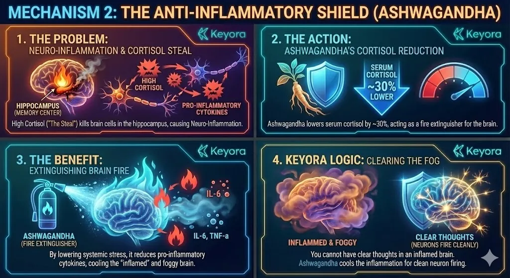 The mechanism of Ashwagandha as an anti-inflammatory shield for the brain. Visualizing high cortisol levels causing damage to brain cells within the Hippocampus memory center. Illustrating the reduction of pro-inflammatory cytokines like IL-6 and TNF-a. Showing Ashwagandha acting as a biological fire extinguisher to lower the systemic stress load. Depicting the restoration of clean neuronal firing within a cooled and de-inflamed brain. The mechanism of Ashwagandha as an anti-inflammatory shield for the brain. Visualizing high cortisol levels causing damage to brain cells within the Hippocampus memory center. Illustrating the reduction of pro-inflammatory cytokines like IL-6 and TNF-a. Showing Ashwagandha acting as a biological fire extinguisher to lower the systemic stress load. Depicting the restoration of clean neuronal firing within a cooled and de-inflamed brain.