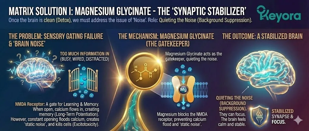 The mechanism of Magnesium Glycinate as a Synaptic Stabilizer for cognitive focus. Visualizing the failure of Sensory Gating causing a "busy" or "buzzy" brain sensation. Illustrating the NMDA Receptor acting as a gate for learning and memory. Showing the danger of constant calcium flooding leading to static noise and excitotoxicity. Depicting the role of Magnesium in regulating the gate to prevent background suppression failure. The mechanism of Magnesium Glycinate as a Synaptic Stabilizer for cognitive focus. Visualizing the failure of Sensory Gating causing a "busy" or "buzzy" brain sensation. Illustrating the NMDA Receptor acting as a gate for learning and memory. Showing the danger of constant calcium flooding leading to static noise and excitotoxicity. Depicting the role of Magnesium in regulating the gate to prevent background suppression failure.