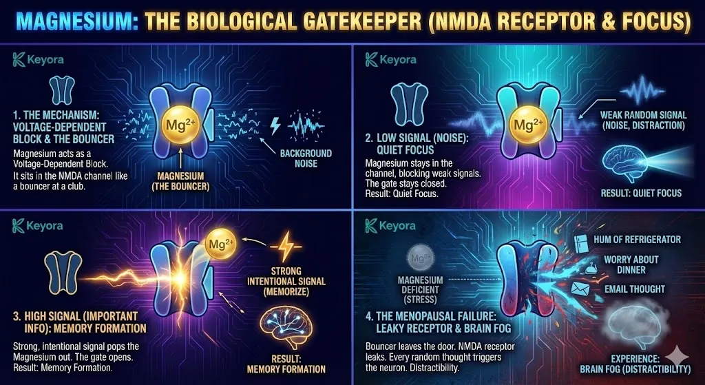 The mechanism of Magnesium as a biological gatekeeper for focus. Visualizing Magnesium as a voltage-dependent block sitting inside the NMDA channel. Illustrating the blocking of weak background noise and random distractions. Showing how strong intentional signals displace Magnesium to allow memory formation. Depicting the "leaky" NMDA receptor in a Magnesium-deficient state leading to sensory overload. The mechanism of Magnesium as a biological gatekeeper for focus. Visualizing Magnesium as a voltage-dependent block sitting inside the NMDA channel. Illustrating the blocking of weak background noise and random distractions. Showing how strong intentional signals displace Magnesium to allow memory formation. Depicting the "leaky" NMDA receptor in a Magnesium-deficient state leading to sensory overload.