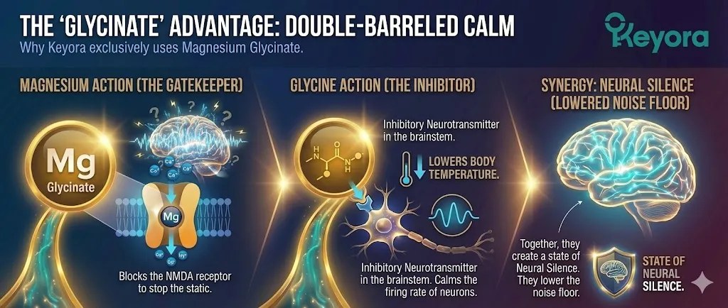 The synergy of Magnesium Glycinate as a double-barreled cognitive stabilizer. Visualizing Magnesium blocking the NMDA receptor to eliminate background static. Illustrating Glycine as an inhibitory neurotransmitter calming the firing rate of neurons in the brainstem. Showing the physical lowering of body temperature through Glycine-mediated regulation. Depicting the creation of Neural Silence by significantly lowering the cognitive noise floor. The synergy of Magnesium Glycinate as a double-barreled cognitive stabilizer. Visualizing Magnesium blocking the NMDA receptor to eliminate background static. Illustrating Glycine as an inhibitory neurotransmitter calming the firing rate of neurons in the brainstem. Showing the physical lowering of body temperature through Glycine-mediated regulation. Depicting the creation of Neural Silence by significantly lowering the cognitive noise floor.