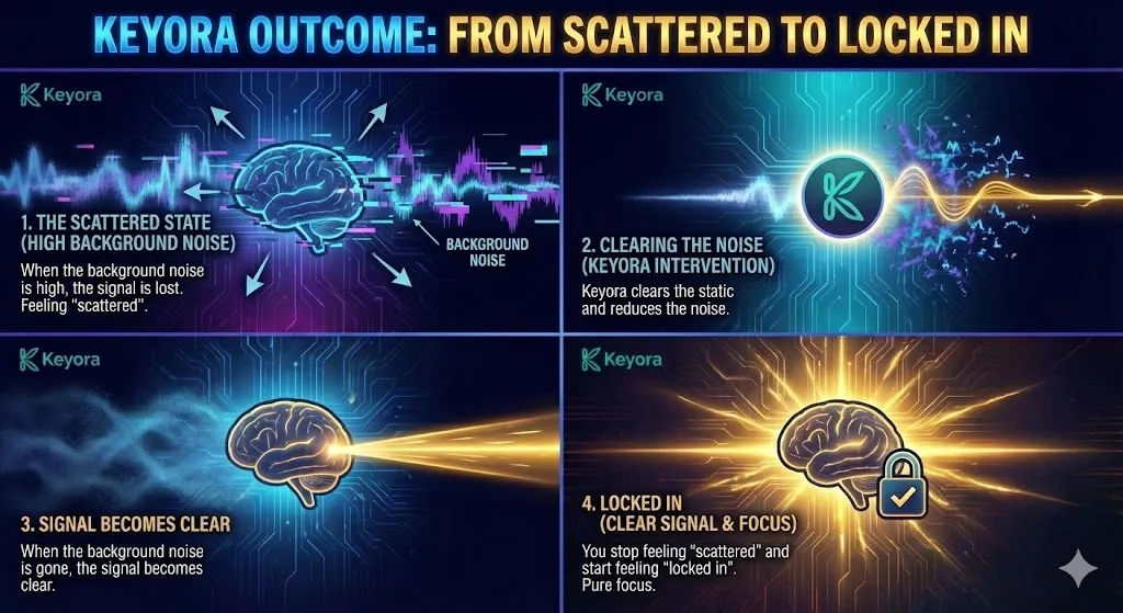 The visual transition from a scattered to a "locked-in" cognitive state. Illustrating the removal of background neural noise to reveal a clear, strong signal. Showing the mental shift from being easily distracted to achieving deep, focused clarity. Depicting the restored Signal-to-Noise Ratio as the foundation of cognitive confidence. The visual transition from a scattered to a "locked-in" cognitive state. Illustrating the removal of background neural noise to reveal a clear, strong signal. Showing the mental shift from being easily distracted to achieving deep, focused clarity. Depicting the restored Signal-to-Noise Ratio as the foundation of cognitive confidence.