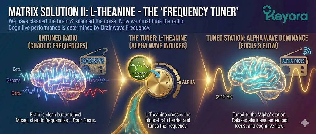 The role of L-Theanine as a cognitive frequency tuner. Visualizing the transition from chaotic brainwave frequencies to organized neural patterns. Illustrating the brain tuning into the correct frequency station after cleaning and silencing noise. Mapping the relationship between brainwave frequency and high-level cognitive performance. Depicting the preparation for Alpha Wave induction within the neural matrix. The role of L-Theanine as a cognitive frequency tuner. Visualizing the transition from chaotic brainwave frequencies to organized neural patterns. Illustrating the brain tuning into the correct frequency station after cleaning and silencing noise. Mapping the relationship between brainwave frequency and high-level cognitive performance. Depicting the preparation for Alpha Wave induction within the neural matrix.