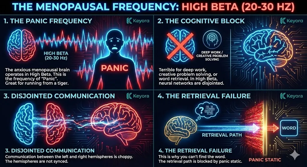 The profile of the menopausal brain operating in High Beta frequency (20-30 Hz). Visualizing the neural state of "Panic" unsuitable for deep work and word retrieval. Illustrating disjointed neural networks and choppy communication between the brain's hemispheres. Showing the blocked retrieval path where nouns and concepts are trapped by panic static. Depicting the inefficiency of High Beta waves for complex cognitive problem solving. The profile of the menopausal brain operating in High Beta frequency (20-30 Hz). Visualizing the neural state of "Panic" unsuitable for deep work and word retrieval. Illustrating disjointed neural networks and choppy communication between the brain's hemispheres. Showing the blocked retrieval path where nouns and concepts are trapped by panic static. Depicting the inefficiency of High Beta waves for complex cognitive problem solving.