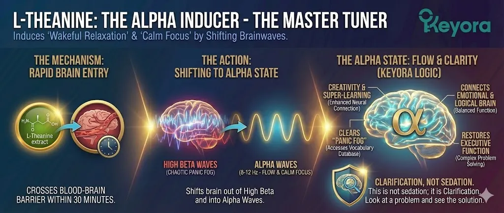 The mechanism of L-Theanine as a master frequency tuner. Visualizing the rapid crossing of the Blood-Brain Barrier within 30 minutes. Illustrating the neural shift from High Beta panic into Alpha Waves (8-12 Hz). Depicting the state of Flow and Wakeful Relaxation connecting emotion with logic. Showing the activation of super-learning and creativity through frequency stabilization. The mechanism of L-Theanine as a master frequency tuner. Visualizing the rapid crossing of the Blood-Brain Barrier within 30 minutes. Illustrating the neural shift from High Beta panic into Alpha Waves (8-12 Hz). Depicting the state of Flow and Wakeful Relaxation connecting emotion with logic. Showing the activation of super-learning and creativity through frequency stabilization.