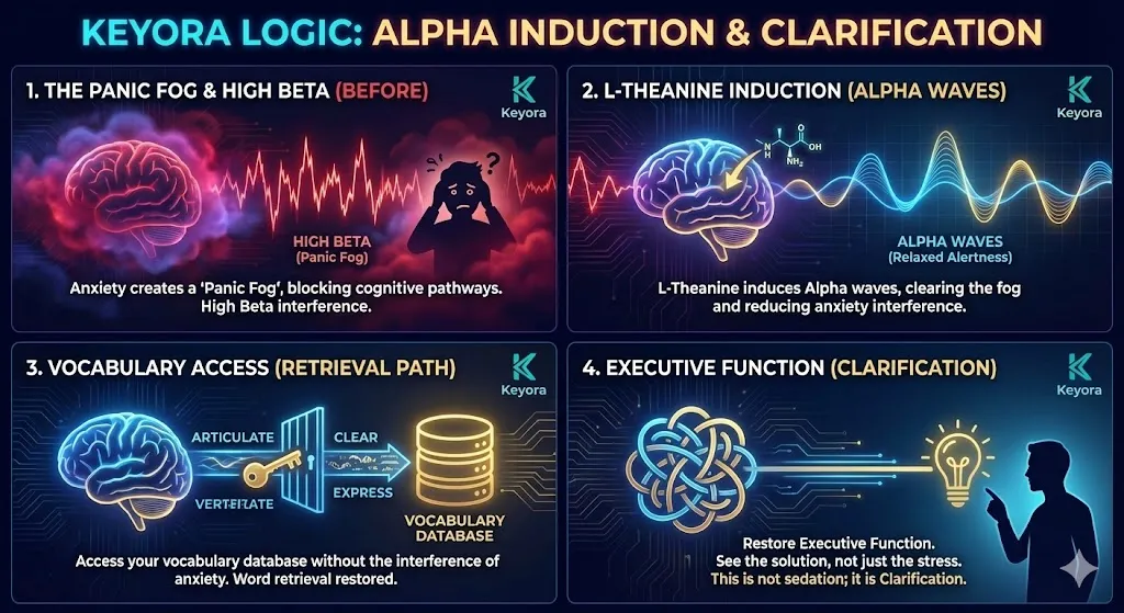 The cognitive outcome of L-Theanine inducing Alpha wave synchronization. Visualizing the clearing of "Panic Fog" to restore access to the vocabulary database. Illustrating the restoration of Executive Function allowing the brain to see solutions over stress. Depicting the distinction between neural sedation and cognitive clarification. Showing a high-functioning mind regaining the ability to process complex problems with ease. The cognitive outcome of L-Theanine inducing Alpha wave synchronization. Visualizing the clearing of "Panic Fog" to restore access to the vocabulary database. Illustrating the restoration of Executive Function allowing the brain to see solutions over stress. Depicting the distinction between neural sedation and cognitive clarification. Showing a high-functioning mind regaining the ability to process complex problems with ease.