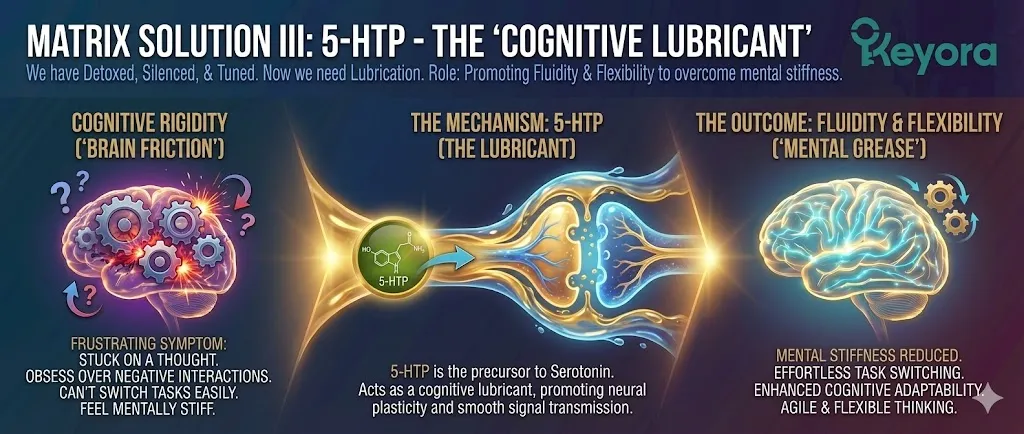The role of 5-HTP as a "Cognitive Lubricant" within the Matrix. Visualizing the frustration of cognitive rigidity and mental stiffness. Illustrating the feeling of getting stuck on a thought or obsessing over negative interactions. Depicting the inability to switch tasks easily during the menopausal transition. Mapping the transition toward mental fluidity and cognitive flexibility. The role of 5-HTP as a "Cognitive Lubricant" within the Matrix. Visualizing the frustration of cognitive rigidity and mental stiffness. Illustrating the feeling of getting stuck on a thought or obsessing over negative interactions. Depicting the inability to switch tasks easily during the menopausal transition. Mapping the transition toward mental fluidity and cognitive flexibility.