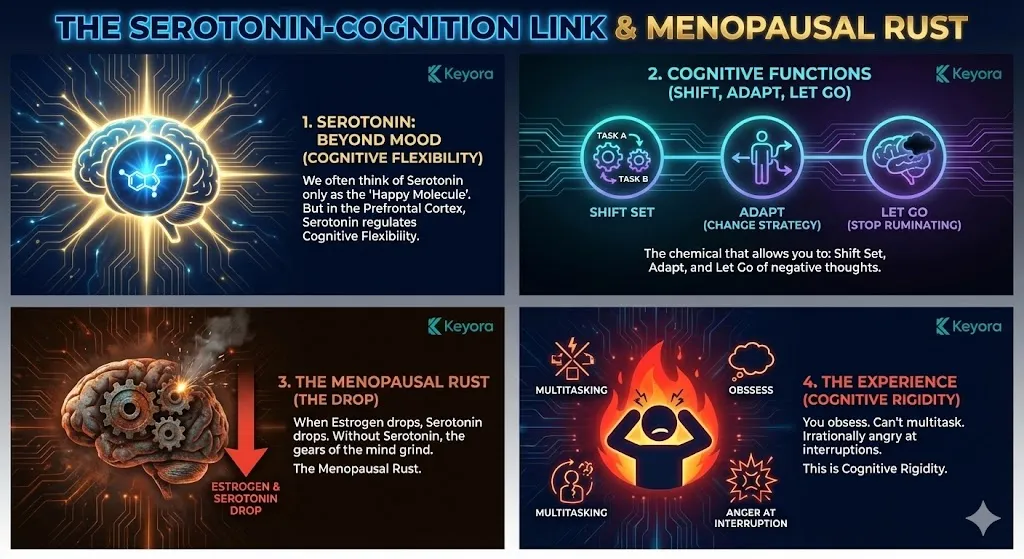 The visual connection between Serotonin and Cognitive Flexibility. Illustrating the "Shift Set" mechanism moving attention between tasks without neural lag. Showing the mental ability to adapt strategies and let go of negative ruminations. Depicting the "Menopausal Rust" where dropping Estrogen leads to grinding mental gears. Visualizing the state of Cognitive Rigidity and the inability to multitask effectively. The visual connection between Serotonin and Cognitive Flexibility. Illustrating the "Shift Set" mechanism moving attention between tasks without neural lag. Showing the mental ability to adapt strategies and let go of negative ruminations. Depicting the "Menopausal Rust" where dropping Estrogen leads to grinding mental gears. Visualizing the state of Cognitive Rigidity and the inability to multitask effectively.