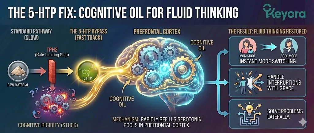 The 5-HTP mechanism as a direct precursor to Serotonin. Visualizing the bypass of the TPH2 rate-limiting step to refill the Prefrontal Cortex. Illustrating the "Cognitive Oil" effect on the brain's internal gears. Depicting the restoration of fluid thinking and seamless task-switching abilities. Showing a woman transitioning effortlessly between complex roles with mental grace and lateral problem-solving. The 5-HTP mechanism as a direct precursor to Serotonin. Visualizing the bypass of the TPH2 rate-limiting step to refill the Prefrontal Cortex. Illustrating the "Cognitive Oil" effect on the brain's internal gears. Depicting the restoration of fluid thinking and seamless task-switching abilities. Showing a woman transitioning effortlessly between complex roles with mental grace and lateral problem-solving.