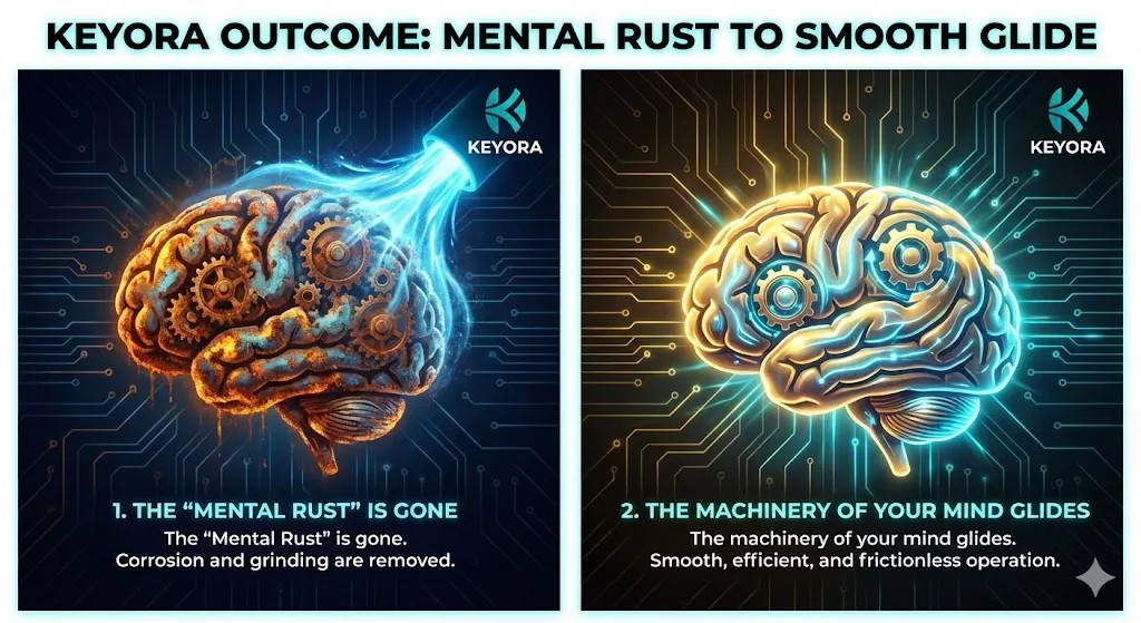 The visual representation of the Keyora cognitive outcome. Illustrating the removal of mental rust from the neural machinery. Visualizing the smooth gliding of cognitive processes and fluid thought patterns. Showing the restored efficiency and ease of a high-functioning mind. The visual representation of the Keyora cognitive outcome. Illustrating the removal of mental rust from the neural machinery. Visualizing the smooth gliding of cognitive processes and fluid thought patterns. Showing the restored efficiency and ease of a high-functioning mind.