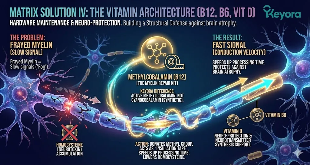 The structural defense architecture using B12, B6, and Vitamin D. Visualizing Vitamin B12 (Methylcobalamin) as the Myelin Repair Kit for neural insulation. Illustrating the difference between frayed myelin causing slow signals and repaired myelin for fast conduction. Showing the molecular advantage of bio-identical Methylcobalamin over synthetic Cyanocobalamin. Depicting the reduction of Homocysteine to prevent physical brain shrinkage and neural atrophy. The structural defense architecture using B12, B6, and Vitamin D. Visualizing Vitamin B12 (Methylcobalamin) as the Myelin Repair Kit for neural insulation. Illustrating the difference between frayed myelin causing slow signals and repaired myelin for fast conduction. Showing the molecular advantage of bio-identical Methylcobalamin over synthetic Cyanocobalamin. Depicting the reduction of Homocysteine to prevent physical brain shrinkage and neural atrophy.
